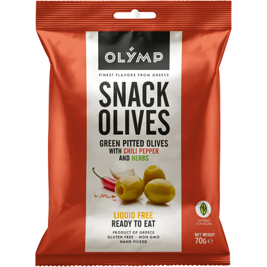 OLYMP Rohelised kivideta oliivid tšilli ja ürtidega 70g